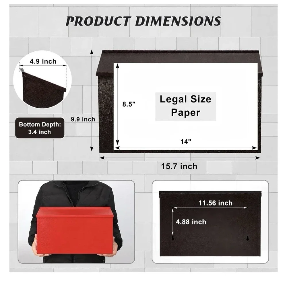 Large Wall Mounted Metal Mailbox Brown Powder Coated Non-Locking